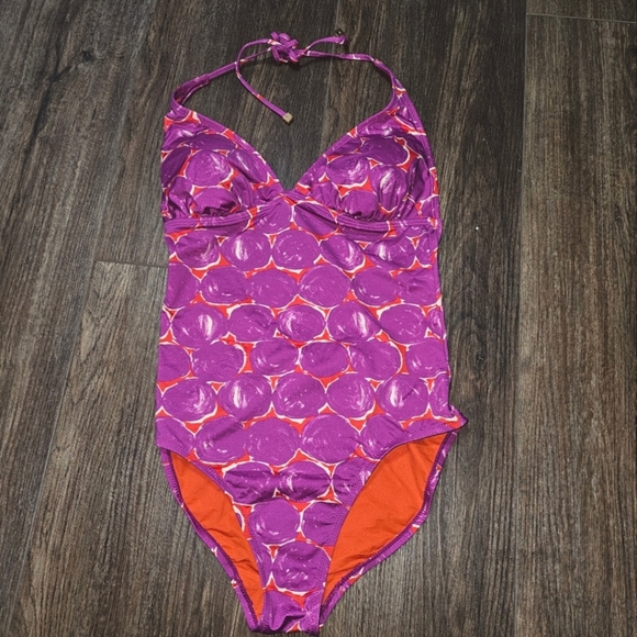 Tory Burch Orange/Purple Halter Swimsuit Sz S Circle Print One Piece - Picture 5 of 15